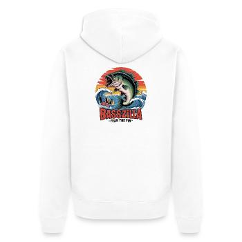 Basszilla Fear The Fin – lustiges riesiges Fischmonster - Unisex Premium Bio Zip Hoodie - Weiß - Hinten - Thijin (182cm)