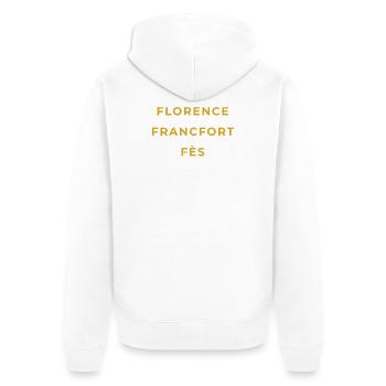 Florac Lozère - Florence - Francfort - Fès - Veste à capuche bio Premium Unisexe - blanc - Dos - Thijin (182cm)
