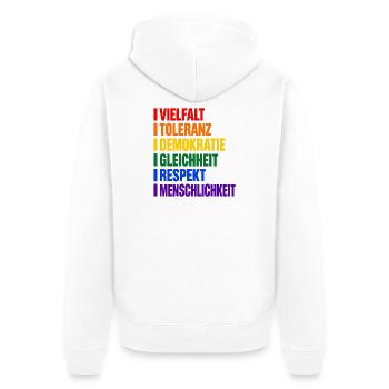 Vielfalt und Toleranz – Werte in Regenbogenfarben - Unisex Premium Bio Zip Hoodie - Weiß - Hinten - Thijin (182cm)