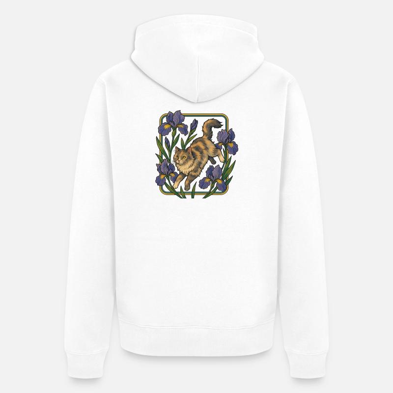 Chat élégant parmi les fleurs d'iris - Veste à capuche bio Premium Unisexe - blanc