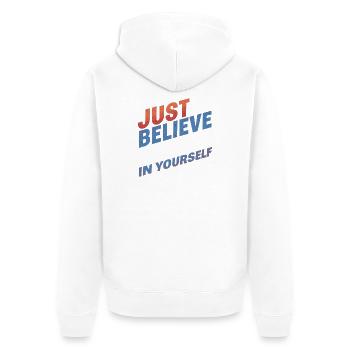 UST BELIEVE – T-Shirt & Accessoires - Unisex Premium Bio Zip Hoodie - Weiß - Hinten - Thijin (182cm)
