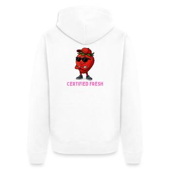 Certified fresh - Frische Erdbeere Streetwear - Unisex Premium Bio Zip Hoodie - Weiß - Hinten - Thijin (182cm)