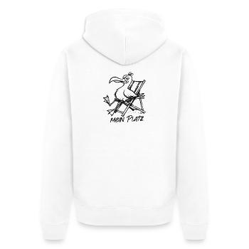Pelikan am Strandstuhl – Mein Platz - Unisex Premium Bio Zip Hoodie - Weiß - Hinten - Thijin (182cm)