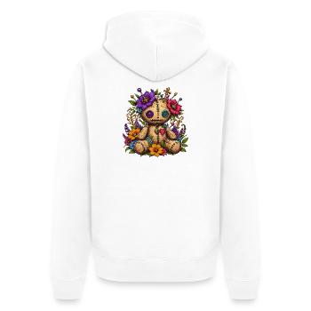 Blumenvoodoopuppe mit Nähstichen - Unisex Premium Bio Zip Hoodie - Weiß - Hinten - Thijin (182cm)
