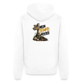 Mein Tempo. Mein Weg. – Buen Camino - Unisex Premium Bio Zip Hoodie - Weiß - Hinten - Thijin (182cm)