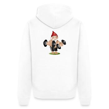 Nain de jardin bodybuilder avec des haltères tout en faisant de l’exercice - Veste à capuche bio Premium Unisexe - blanc - Dos - Thijin (182cm)