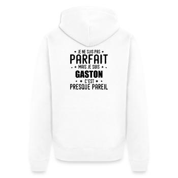 Gaston: authentisch, unvollkommen, oben, perfekt - Unisex Premium Bio Zip Hoodie - Weiß - Hinten - Thijin (182cm)