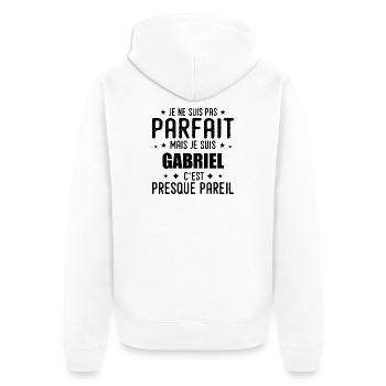 Gabriel: authentisch, unvollkommen, oberflächlich, perfekt - Unisex Premium Bio Zip Hoodie - Weiß - Hinten - Thijin (182cm)