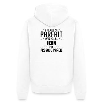 Jeans: authentisch, unvollkommen, Oberteil, Perfektion - Unisex Premium Bio Zip Hoodie - Weiß - Hinten - Thijin (182cm)