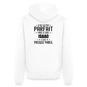Isaac : authentique, imparfait, top, perfection - Veste à capuche bio Premium Unisexe - blanc - Dos - Thijin (182cm)