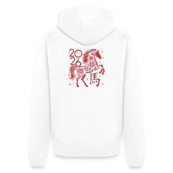 Chinesisches Neujahr des Pferdes 2026 - Unisex Premium Bio Zip Hoodie - Weiß - Hinten - Thijin (182cm)