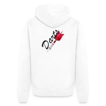 einzelner roter Dartpfeil mit Darts Typografie - Unisex Premium Bio Zip Hoodie - Weiß - Hinten - Thijin (182cm)