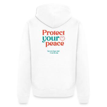 Beschütze deinen Frieden - Unisex Premium Bio Zip Hoodie - Weiß - Hinten - Thijin (182cm)