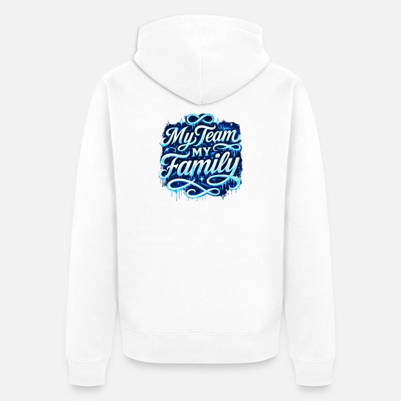 Mon équipe, ma famille Script néon - Veste à capuche bio Premium Unisexe - blanc