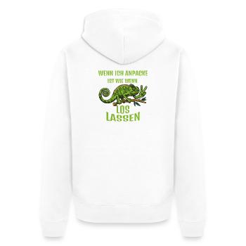 Wenn Ich Anpacke ist wie wenn zwei los lassen... - Unisex Premium Bio Zip Hoodie - Weiß - Hinten - Thijin (182cm)