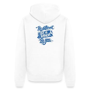 Be different. Be a voice. Be you. - Unisex Premium Bio Zip Hoodie - Weiß - Hinten - Thijin (182cm)