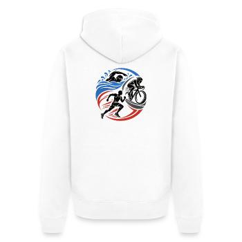 Triathlon – Schwimmen Radfahren Laufen - Unisex Premium Bio Zip Hoodie - Weiß - Hinten - Thijin (182cm)
