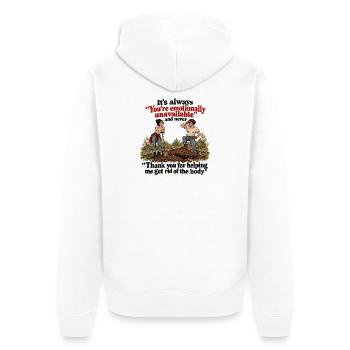 Dunkler Humor: Emotional nicht verfügbar & Körperreinigung - Unisex Premium Bio Zip Hoodie - Weiß - Hinten - Thijin (182cm)