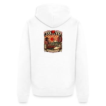 Tokyo Spirit: Shinkansen, Fuji & Sonnen - Unisex Premium Bio Zip Hoodie - Weiß - Hinten - Thijin (182cm)