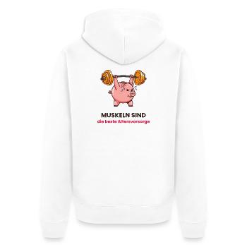 Muskelpig: Kraft als Altersvorsorge - Unisex Premium Bio Zip Hoodie - Weiß - Hinten - Thijin (182cm)