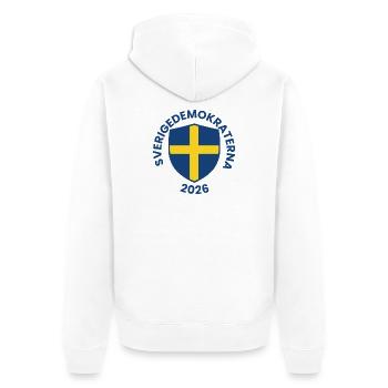 Blauer Schild mit gelbem Kreuzmuster - Unisex Premium Bio Zip Hoodie - Weiß - Hinten - Thijin (182cm)