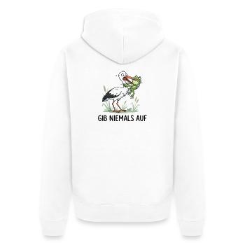 Gib niemals auf! – Lustiger Storch & Frosch - Unisex Premium Bio Zip Hoodie - Weiß - Hinten - Thijin (182cm)