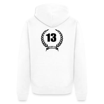 Lauwerkrans 13 Jahre mit Nummer und Bannerjahr - Unisex Premium Bio Zip Hoodie - Weiß - Hinten - Thijin (182cm)