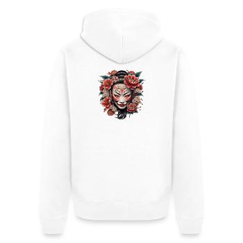 Japanische Maske mit Blumen verziert. - Unisex Premium Bio Zip Hoodie - Weiß - Hinten - Thijin (182cm)
