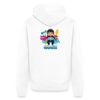 Gamer Kid with game pad and headphones - Unisex Premium Organic Zip Hoodie - white - Back - Thijin (182cm)