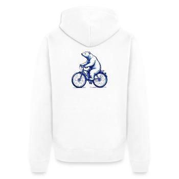 Eisbär auf Fahrrad – starke Tierillustration - Unisex Premium Bio Zip Hoodie - Weiß - Hinten - Thijin (182cm)