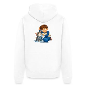 Junge befreit Katze sanft aus blauem Wollknäuel - Unisex Premium Bio Zip Hoodie - Weiß - Hinten - Thijin (182cm)