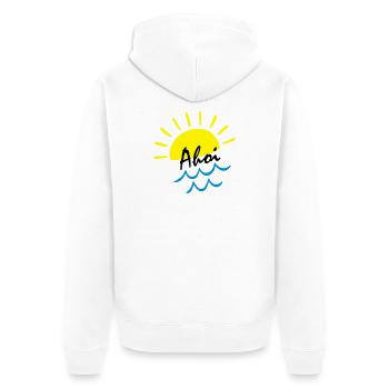 Sommer Vibes: Sonne über Meer Wellen - Unisex Premium Bio Zip Hoodie - Weiß - Hinten - Thijin (182cm)