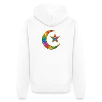 Muslime | Islam Regenbogen Himmelsmond und Stern Anstecknadel - Unisex Premium Bio Zip Hoodie - Weiß - Hinten - Thijin (182cm)