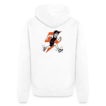Cooles Laufshirt Blitz Runner Motiv für Sportler - Unisex Premium Bio Zip Hoodie - Weiß - Hinten - Thijin (182cm)