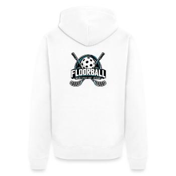 Floorball Logo Ball mit Schlägern - Unisex Premium Bio Zip Hoodie - Weiß - Hinten - Thijin (182cm)
