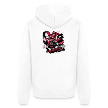 Kassettenrekorder,Kopfhörer und Plattenspieler - Unisex Premium Bio Zip Hoodie - Weiß - Hinten - Thijin (182cm)