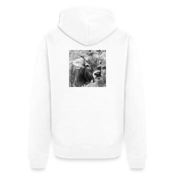 Schwarz-Weiß Fotodesign - Junges Kalb mit Charme - Unisex Premium Bio Zip Hoodie - Weiß - Hinten - Thijin (182cm)