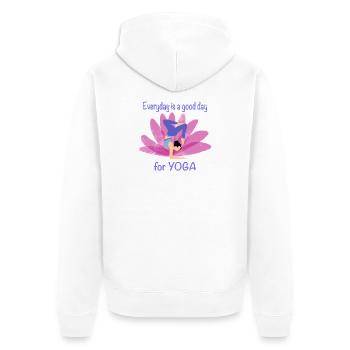 Alltagsyoga mit Blütenakzent - Unisex Premium Bio Zip Hoodie - Weiß - Hinten - Thijin (182cm)
