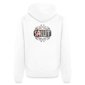 SALUT - FRANZÖSISCHE BEGRÜßUNGSFORMEL - FRANKREICH - Unisex Premium Bio Zip Hoodie - Weiß - Hinten - Thijin (182cm)