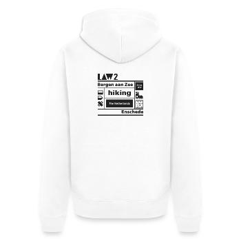 LAW 2 l Bergen aan Zee l Enschede l schwarz - Unisex Premium Bio Zip Hoodie - Weiß - Hinten - Thijin (182cm)