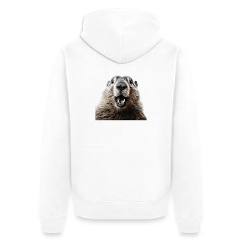 Murmeltier schaut in die Kamera - Lustig - Unisex Premium Bio Zip Hoodie - Weiß - Hinten - Thijin (182cm)