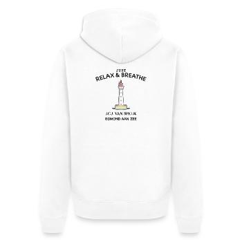 Egmond aan Zee, Niederlande, Durchatmen und Relax - Unisex Premium Bio Zip Hoodie - Weiß - Hinten - Thijin (182cm)