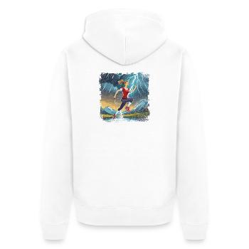 femme sportive sautant par-dessus la flaque d’eau - Veste à capuche bio Premium Unisexe - blanc - Dos - Thijin (182cm)
