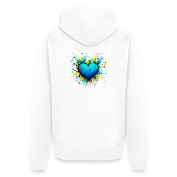 Ukraine Herz mit coolen Farbklecksen in blau gelb - Unisex Premium Bio Zip Hoodie - Weiß - Hinten - Thijin (182cm)