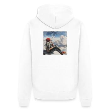 Mann sitzt auf Flugzeugturbine und raucht - Unisex Premium Bio Zip Hoodie - Weiß - Hinten - Thijin (182cm)