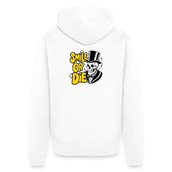 Gothic Skelett mit Hut und farbigem Text - Unisex Premium Bio Zip Hoodie - Weiß - Hinten - Thijin (182cm)