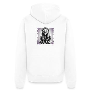 Affe lachend sitzt auf Hocker - Unisex Premium Bio Zip Hoodie - Weiß - Hinten - Thijin (182cm)