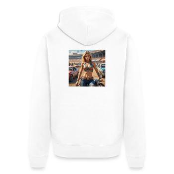 Rennsport Rebellin Denim Outfit - Unisex Premium Bio Zip Hoodie - Weiß - Hinten - Thijin (182cm)