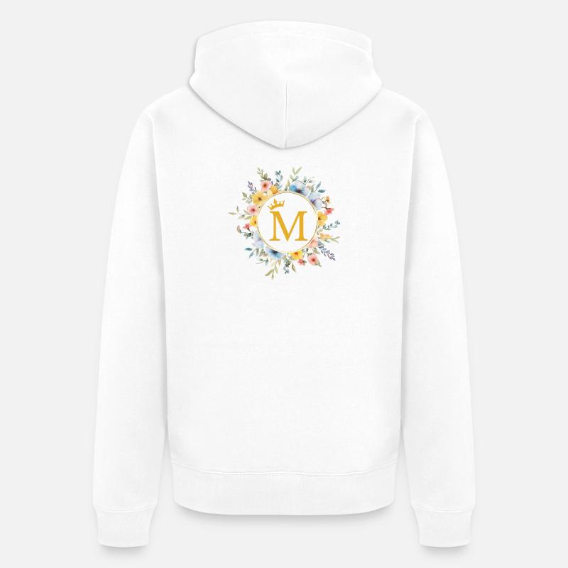 M monogramme, cercle de fleurs, personnalisable - Veste à capuche bio Premium Unisexe - blanc
