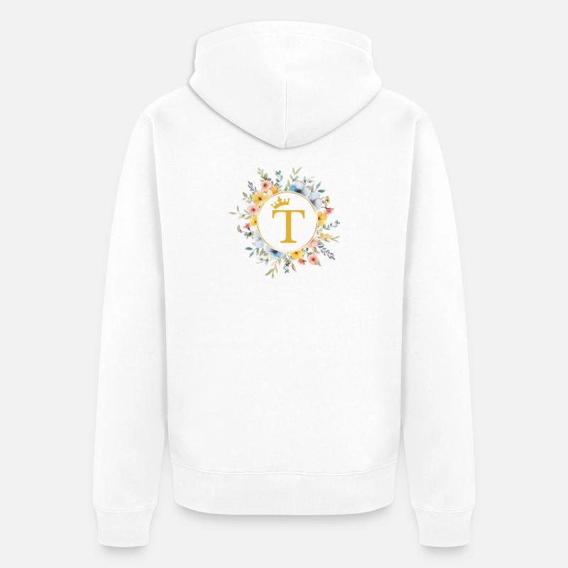 T monogramme, cercle de fleurs, personnalisable - Veste à capuche bio Premium Unisexe - blanc